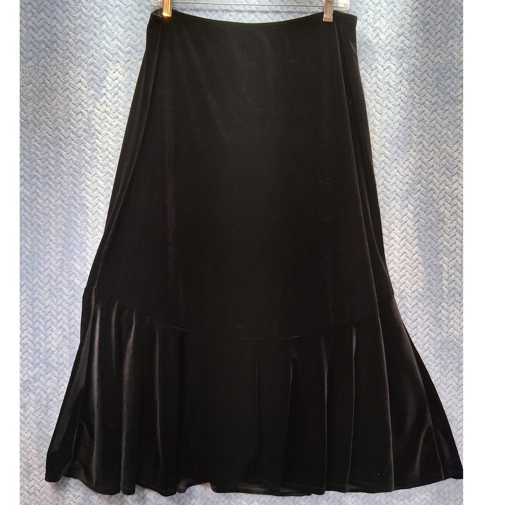 Mirasol Black Velvet Ruffle Hem Midi Skirt Large Mermaid Stretch Hippie Boho